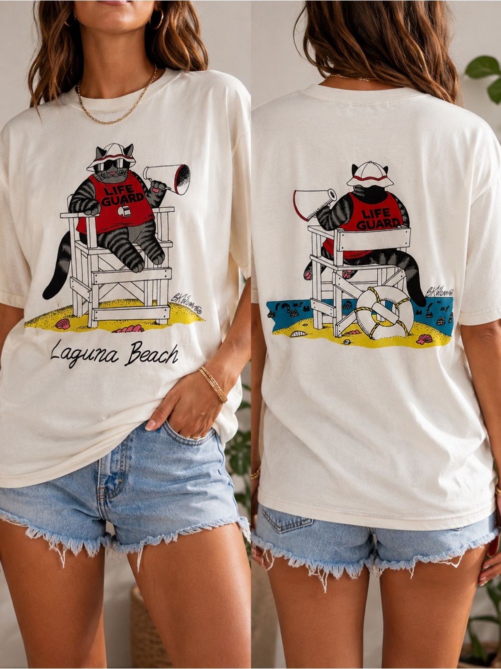 90s Laguna Beach Cat Lifeguard Graphic Tee Beachcore USA Large